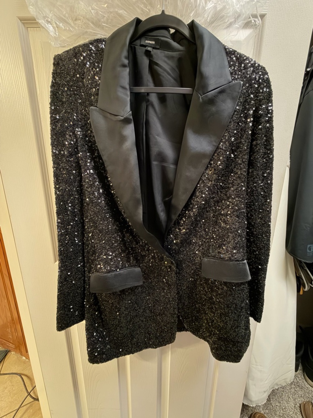 Express Black Sequin Blazer with Satin Lapel